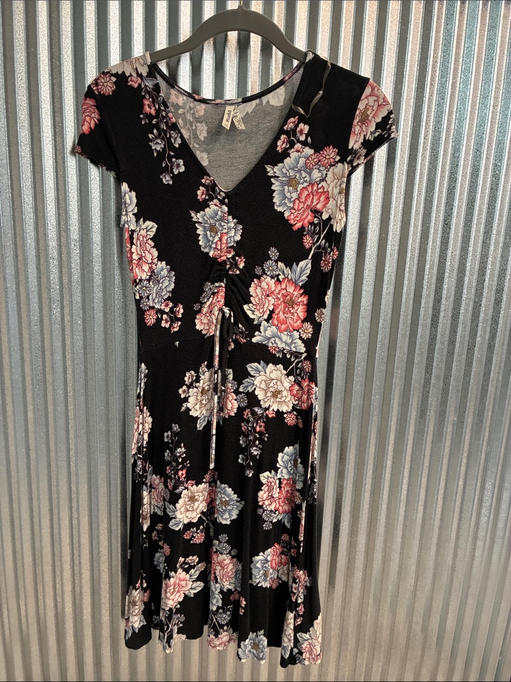 Floral Black Dress with Pink & Blue Blooms